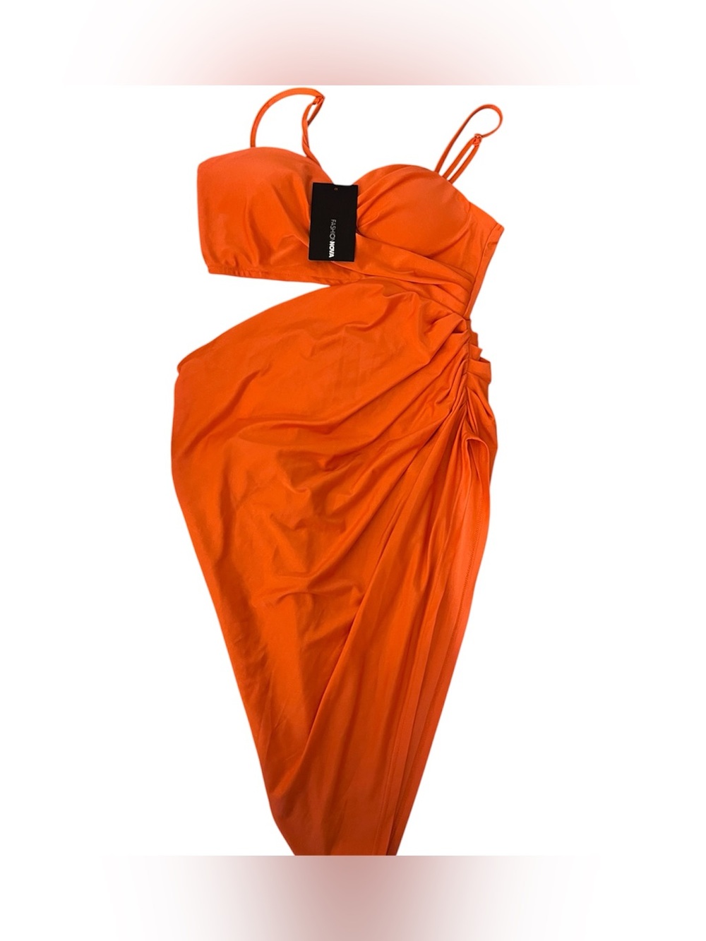 Fashion Nova Womens Orange Cutout Ruched Side Slit Midi Maxi Dress Size M NWT